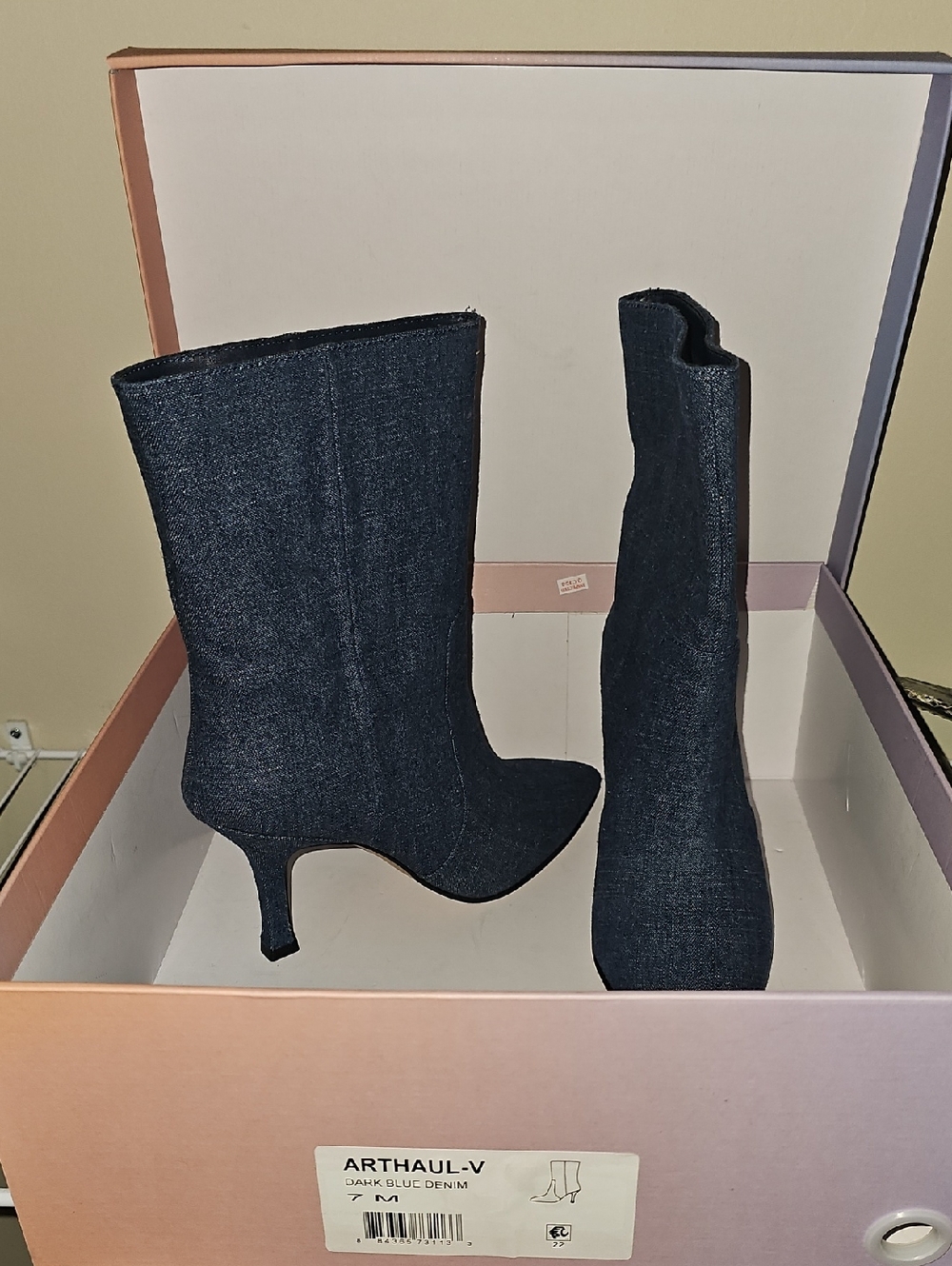 ARTHAUL-V Dark Blue Denim Mid-Calf Heeled Boots